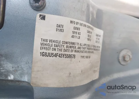 2003 Saturn L-Series L200 from USA, damaged, VIN 1G8JU54F43Y558678